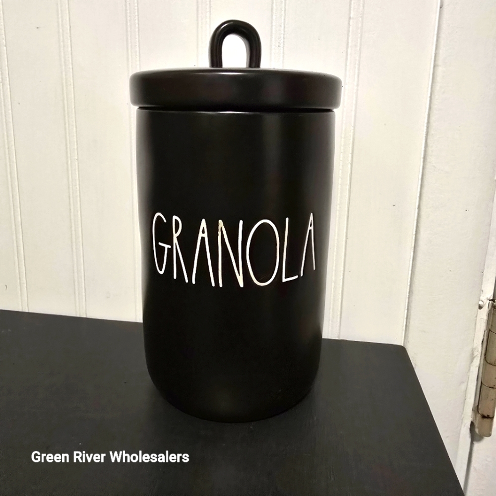 Rae Dunn Black Granola Stoneware Ceramic Tall Canister